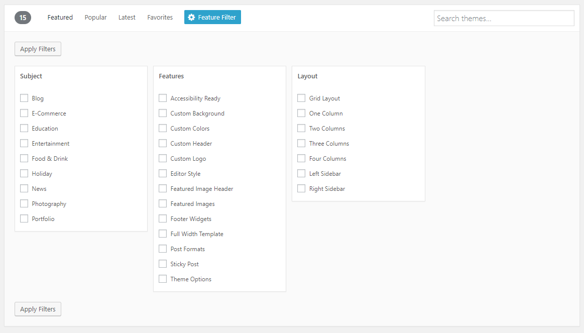 WordPress themes feature filter