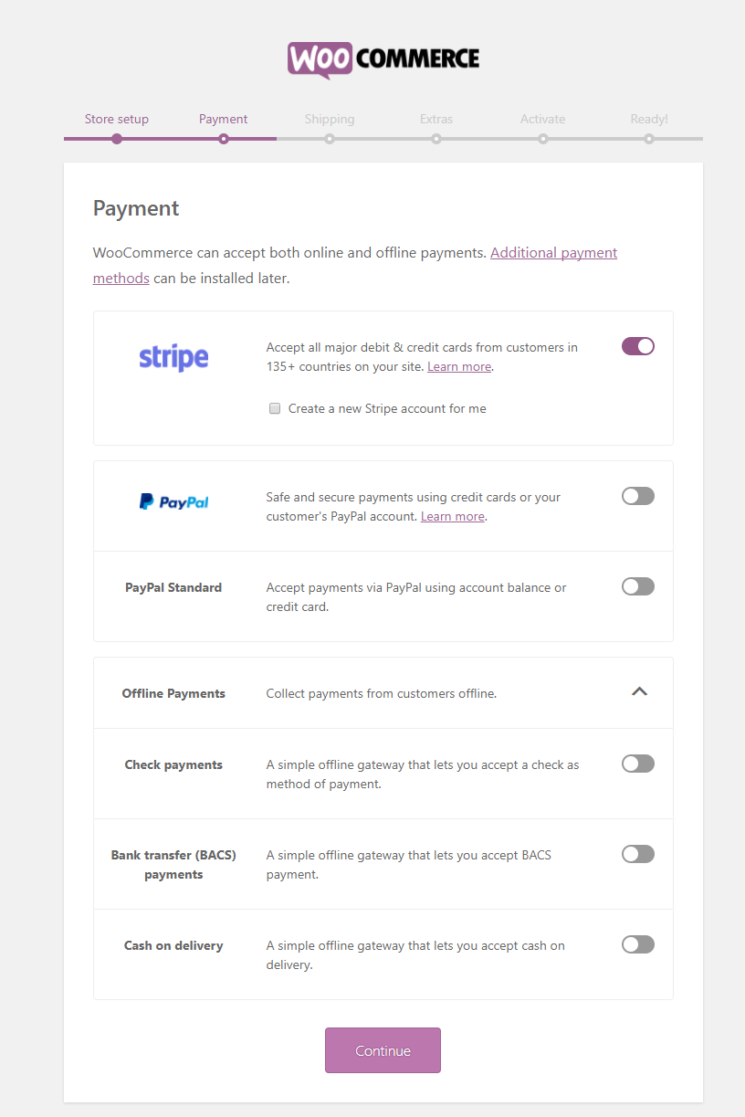 WooCommerce wizard payment setup