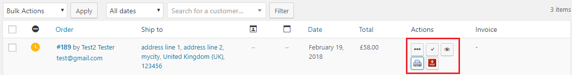 Order page actions column