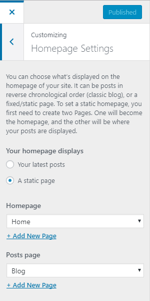 WordPress theme customization homepage settings