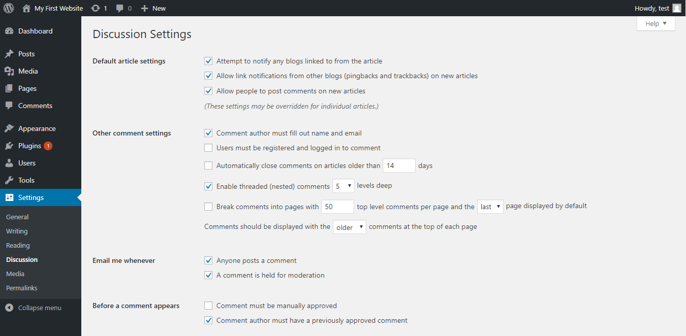 WordPress discussion settings
