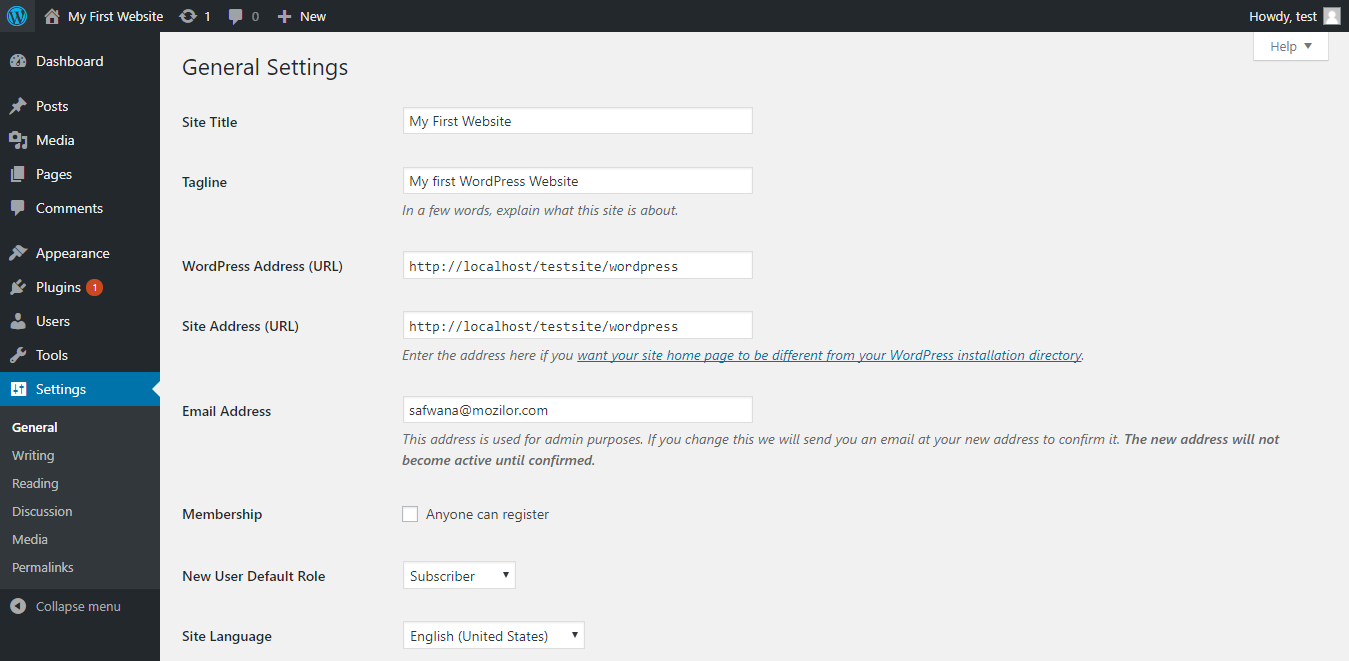 WordPress general settings page
