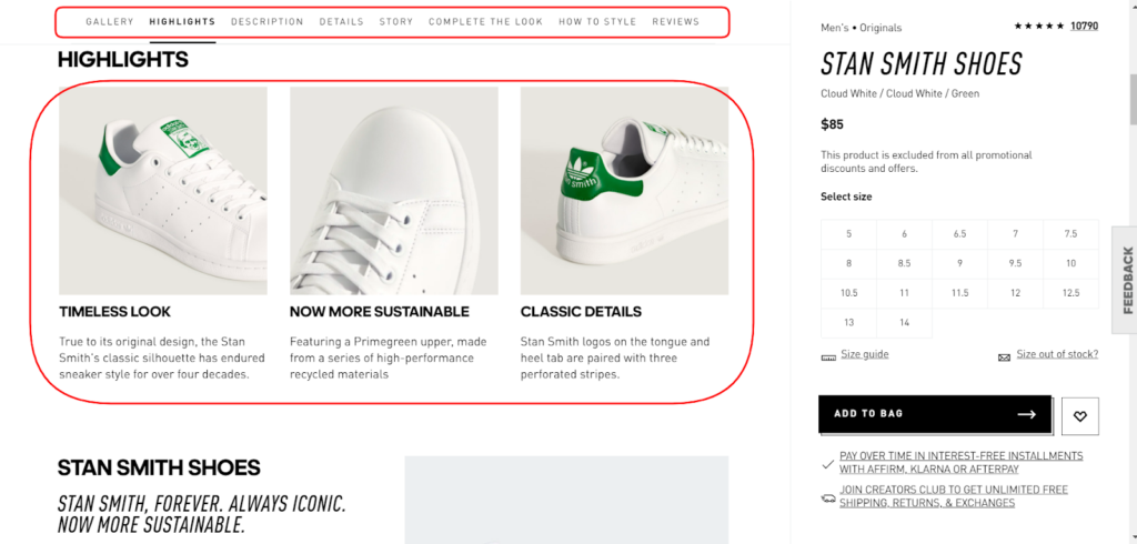 Unique selling proposition - example adidas wesbite