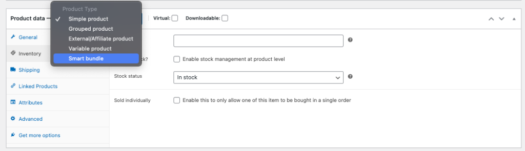 Smart bundle option under product data dropdown box 