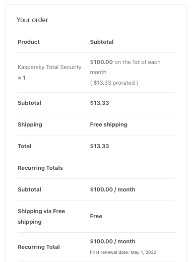 Billing details of Kaspersky Total Security