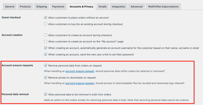 Account erasure requests and user account delete settings