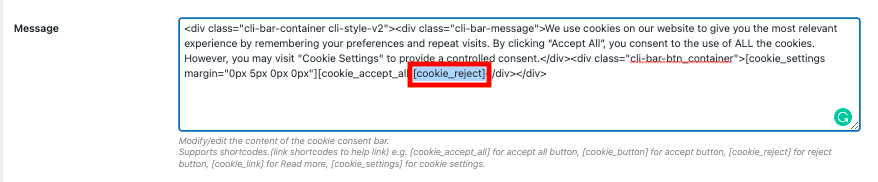 Adding cookie reject shortcode