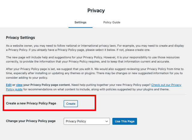 Create a new Privacy Policy Page