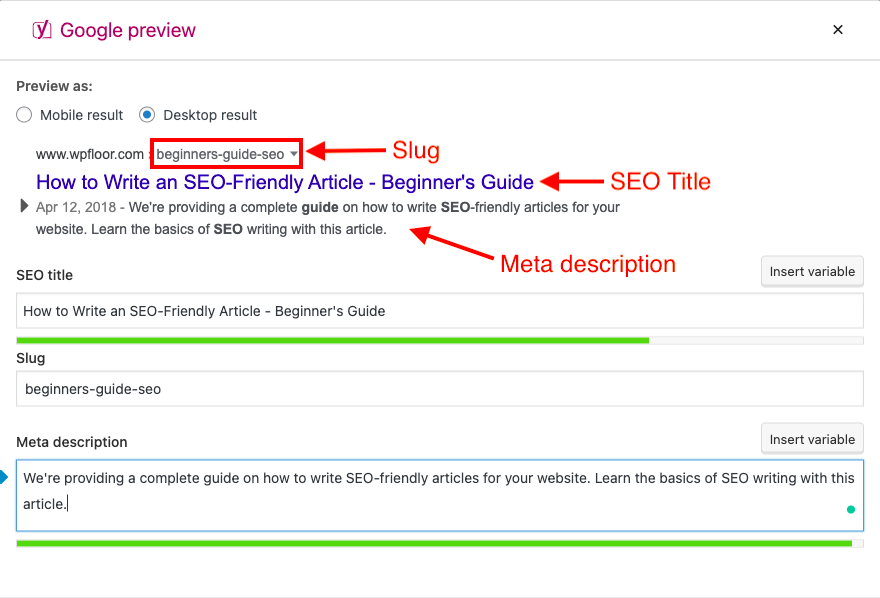 Google preview snippet by Yoast SEO plugin