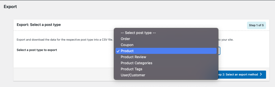 Selecting Product as the post type to export