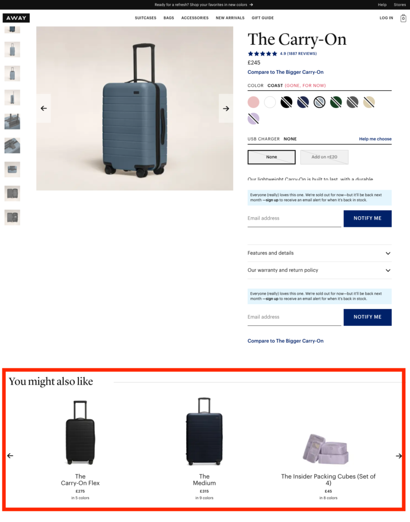 Example of upselling of suitcase