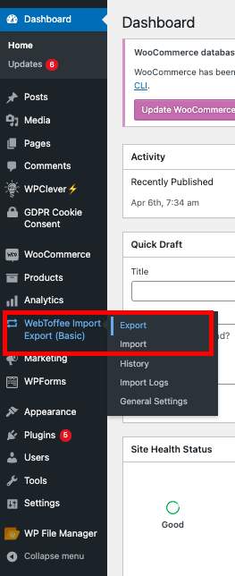 WordPress dashboard with WebToffee Import Export plugin settings
