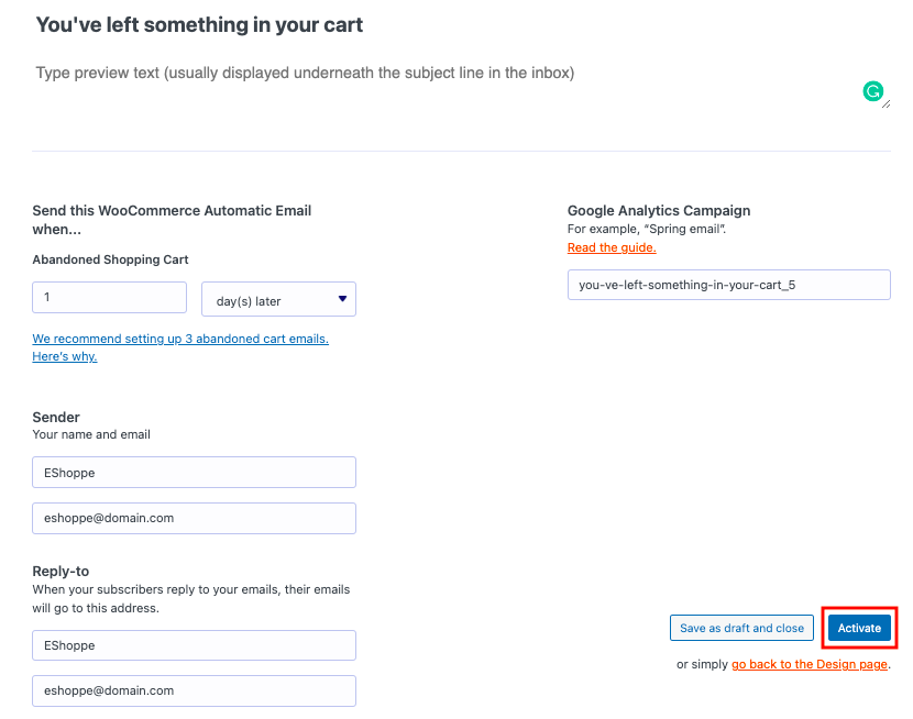 Activating cart Abandonment mail for WooCommerce store.