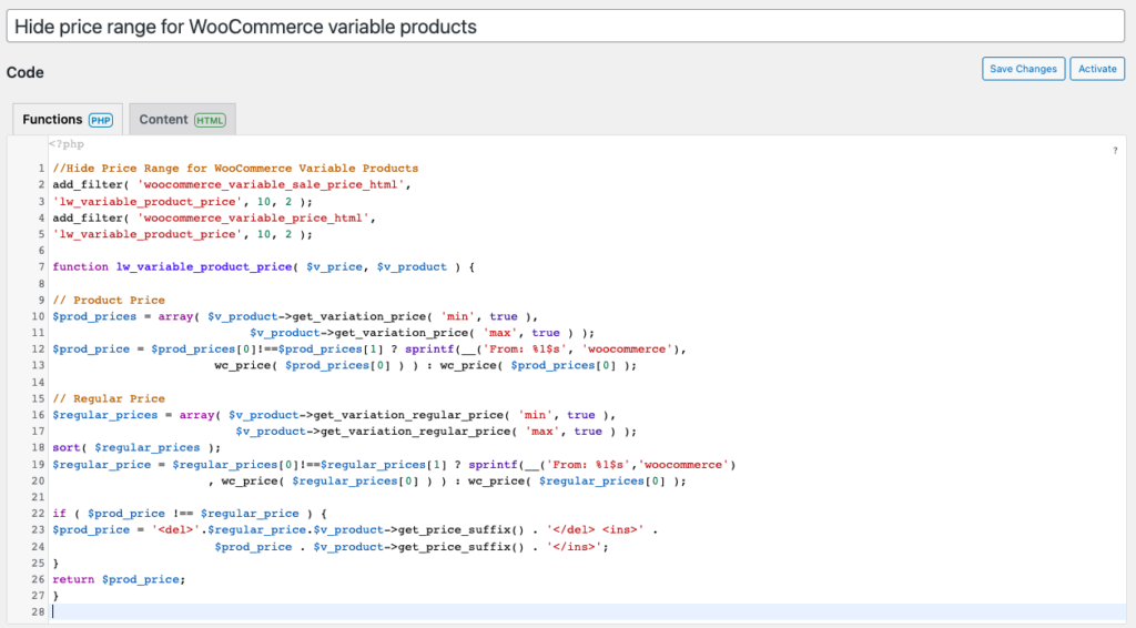 Snippets added in the Code Snippets plugin to hide the price range