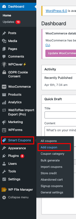 Adding new coupons in WooCommerce
Smart Coupons > Add coupon