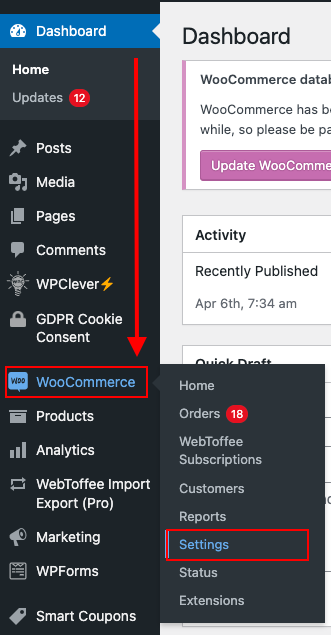 WooCommerce> Settings from WordPress dashboard