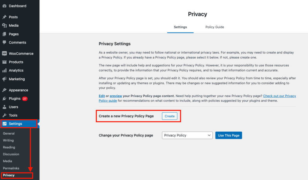 Create new Privacy Policy Page