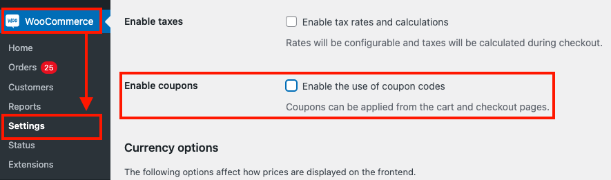 Enable coupons checkbox
