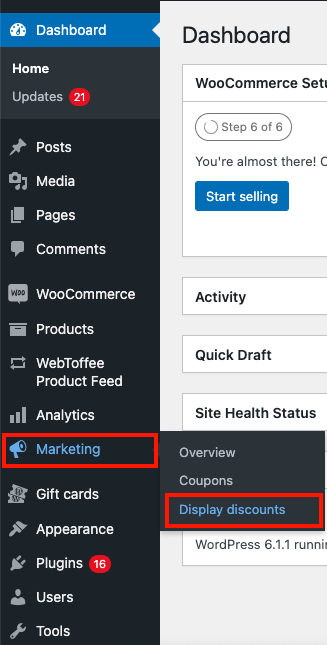 Display discounts menu from WordPress dashboard
