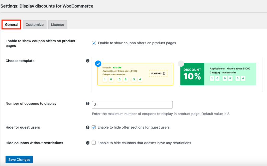 General settings for WooCommerce display discounts plugin