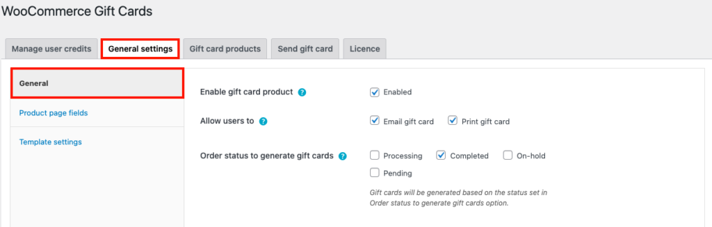 General settings for WooCommerce gift vouchers