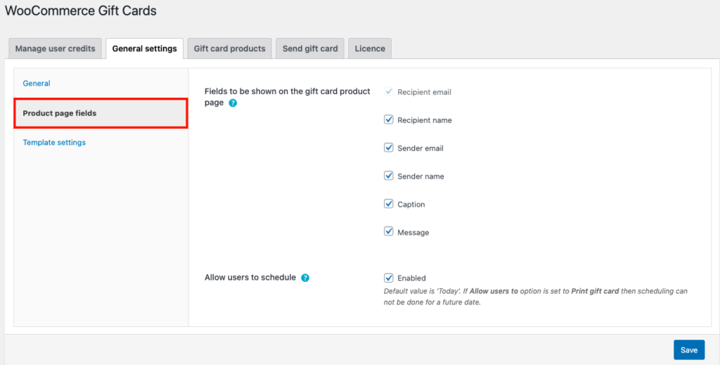 Gift card product field settings