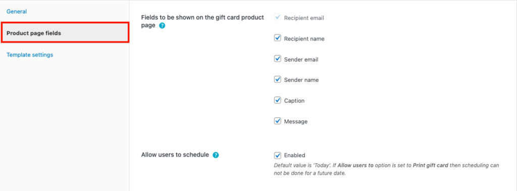 Gift card product page fields