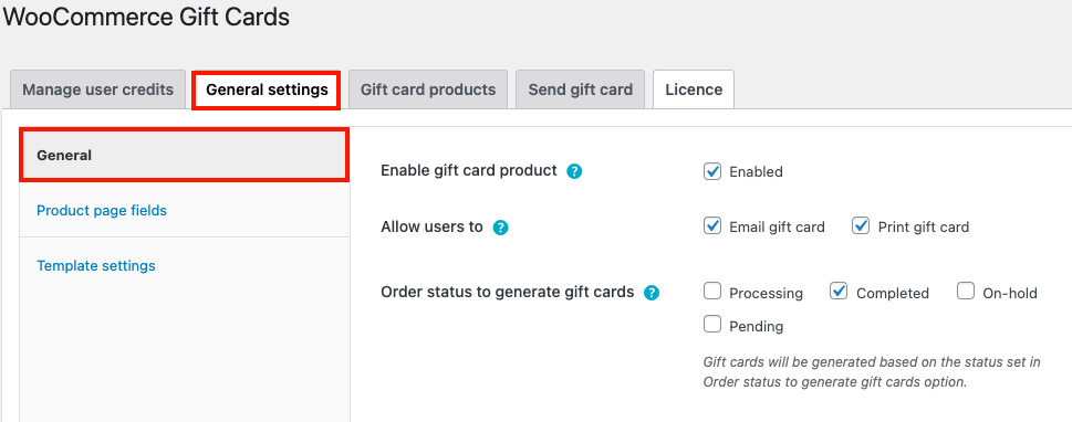 Gift cards general settings