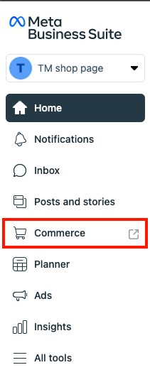 Select Commerce tab from Meta Business Suite Page