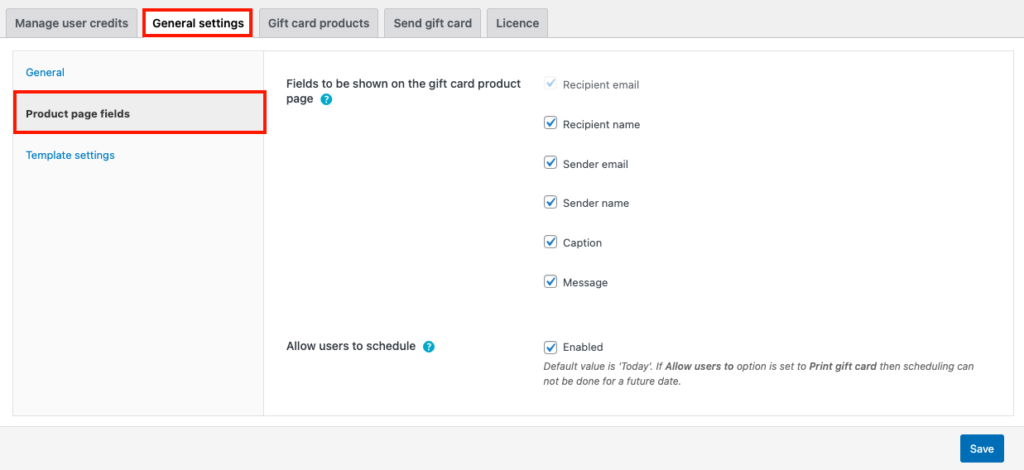 WooCommerce Gift cards product page fields