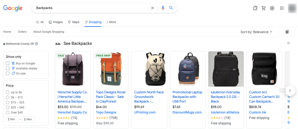 Google Shopping page for Backpacks