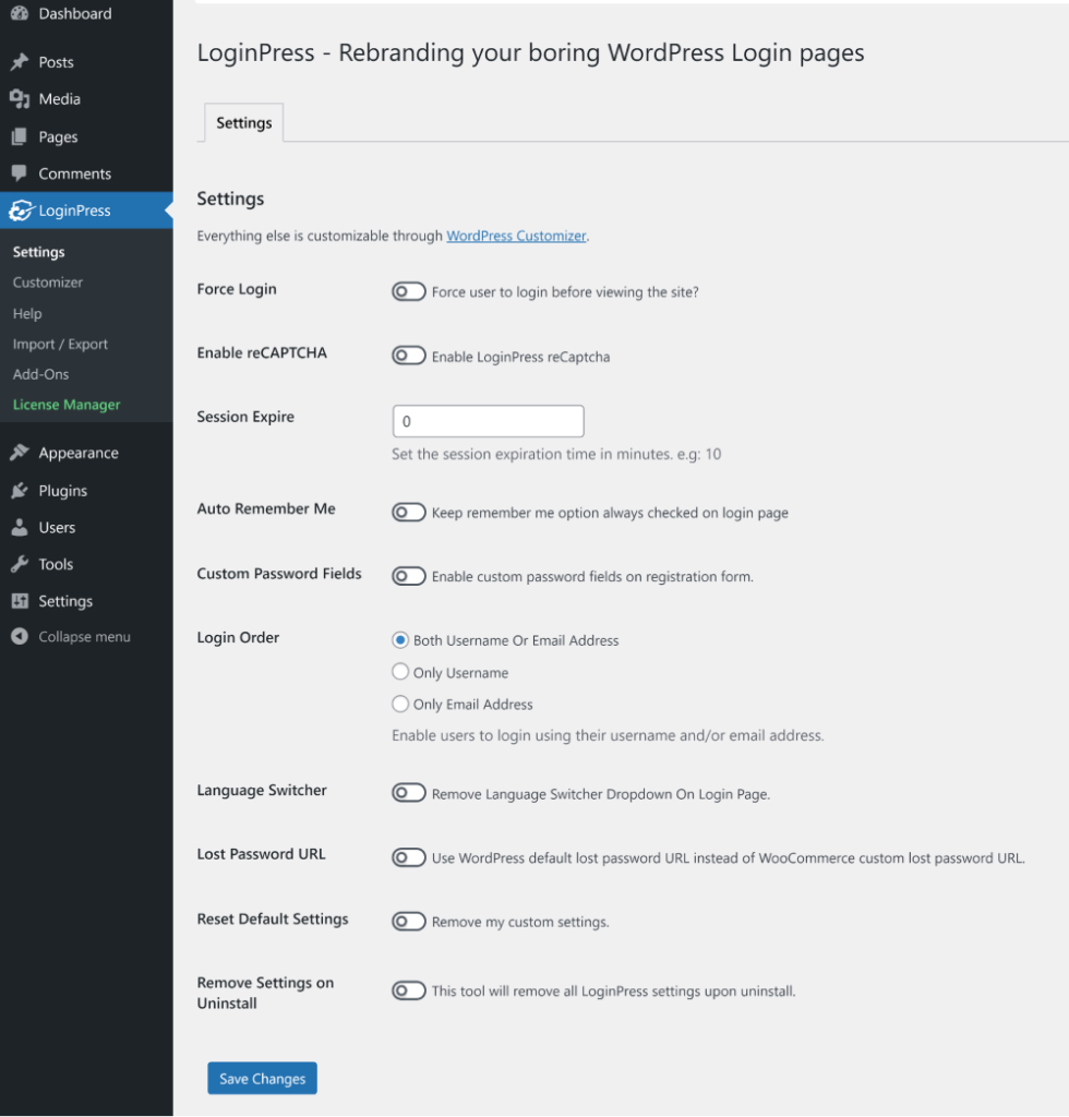 LoginPress settings page