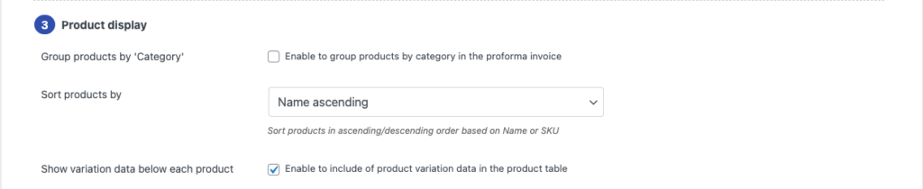 Product display settings for WooCommerce proforma invoice