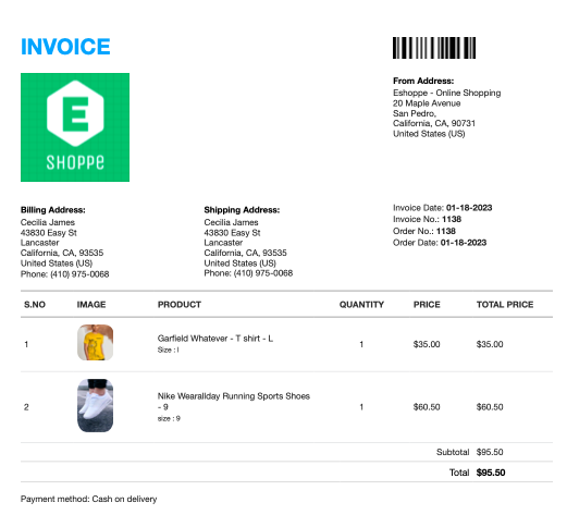 Sample invoice page