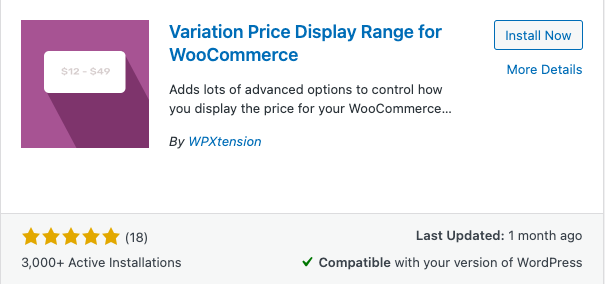 Variation Price Display Range for WooCommerce plugin