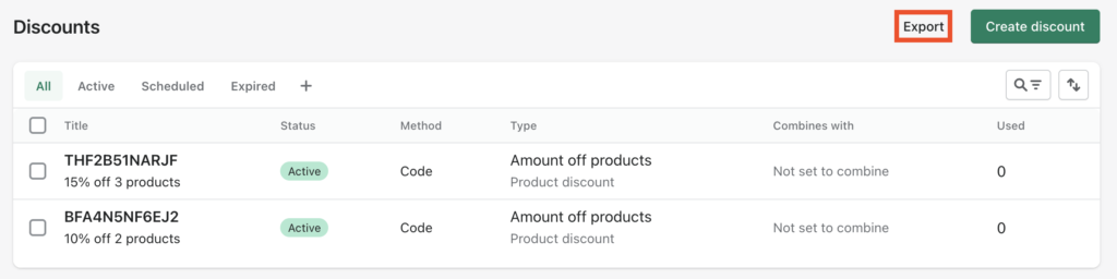 Export button from Shopify Discounts page