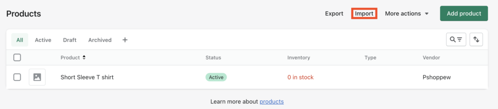 Import button in Products page