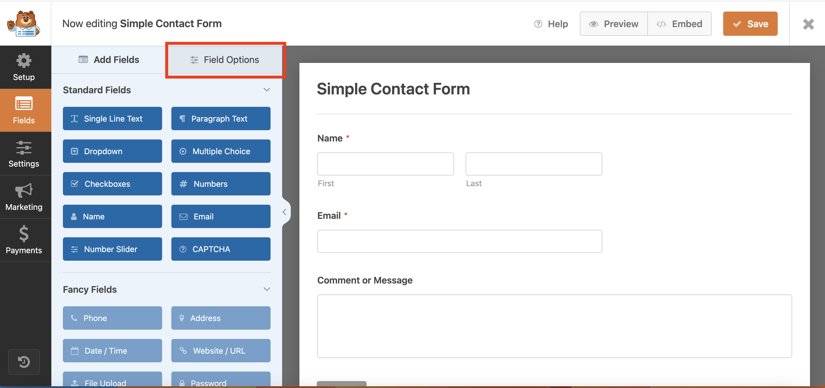 field options in contact form