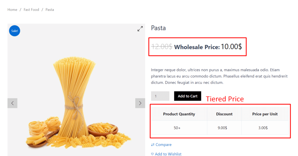 Tiered price in product page